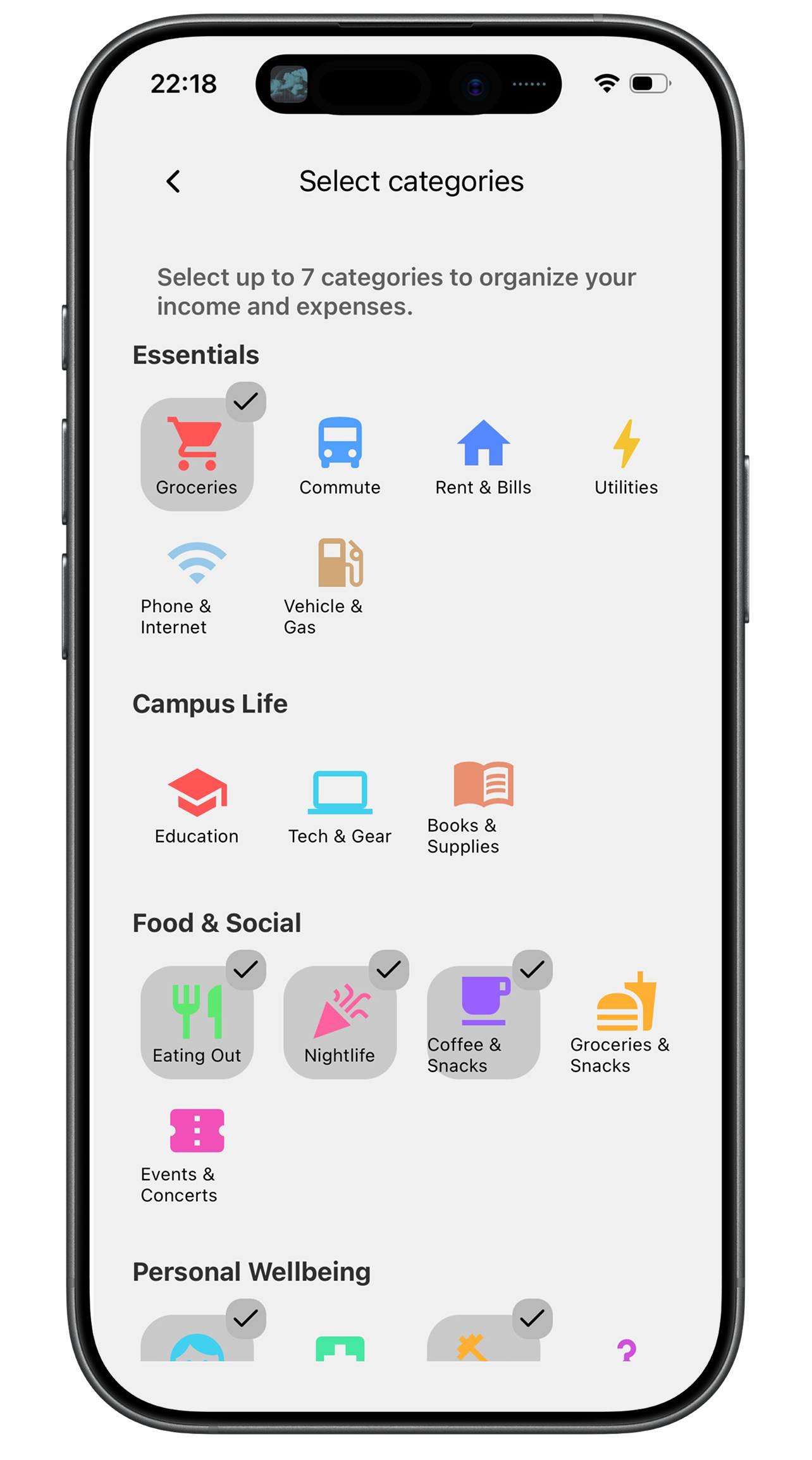 Categories That Fit Your Life - SpendBalance Budget App Screenshot showing 38 categories organized for you