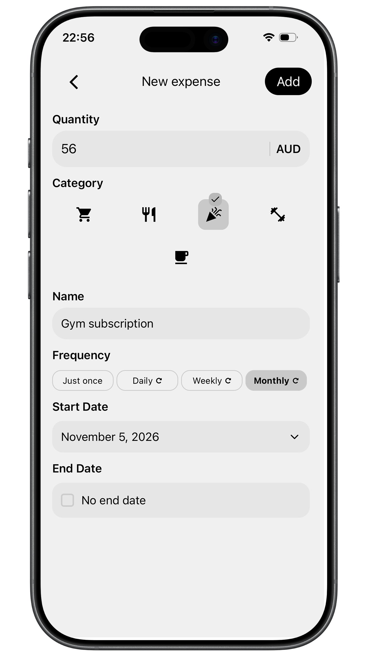 Quick Expense Tracking - SpendBalance Budget App Screenshot showing log spending in seconds